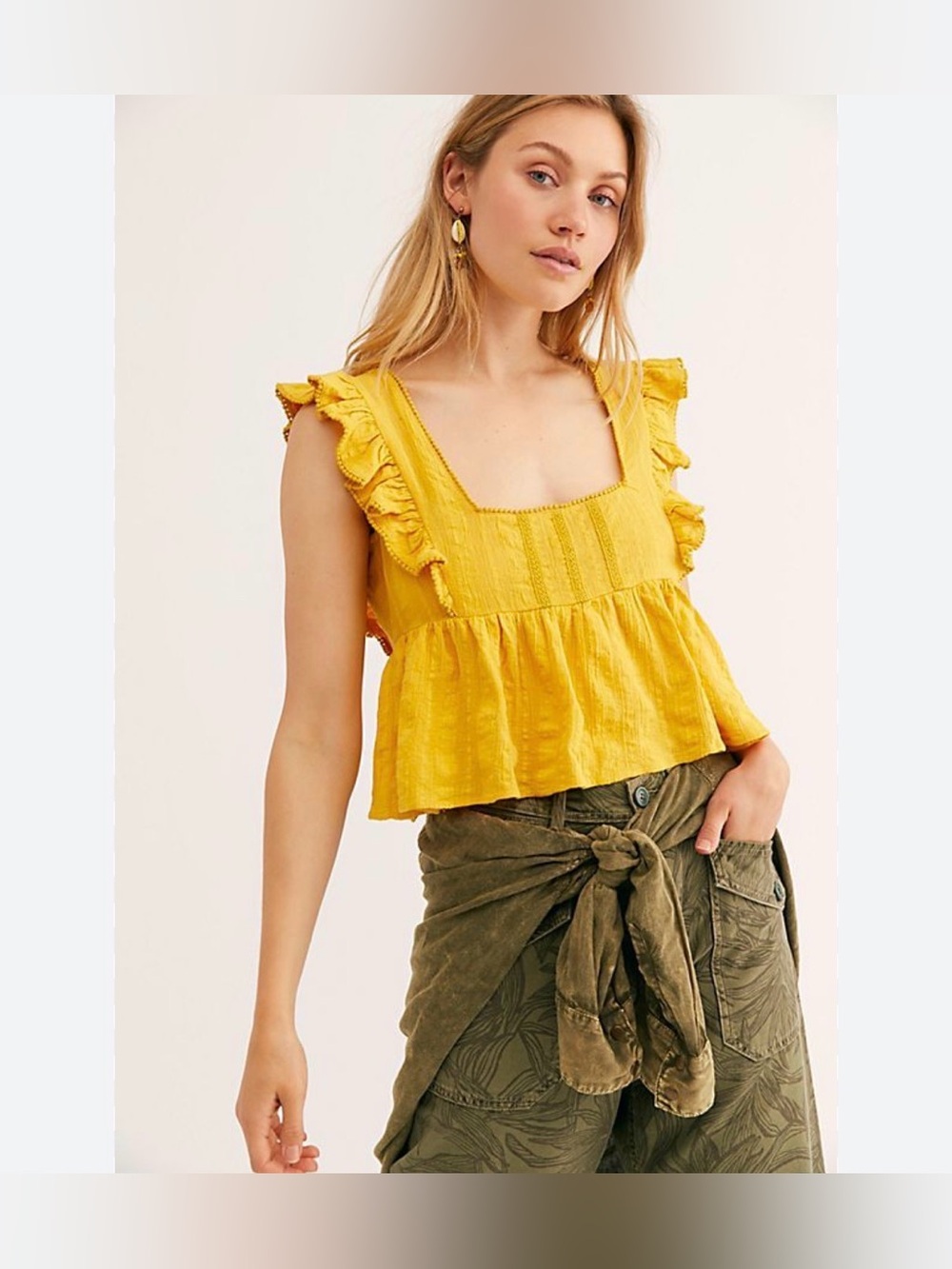 Free People Clementine Yellow Ruffle Square-Neck Women's Top Size Large